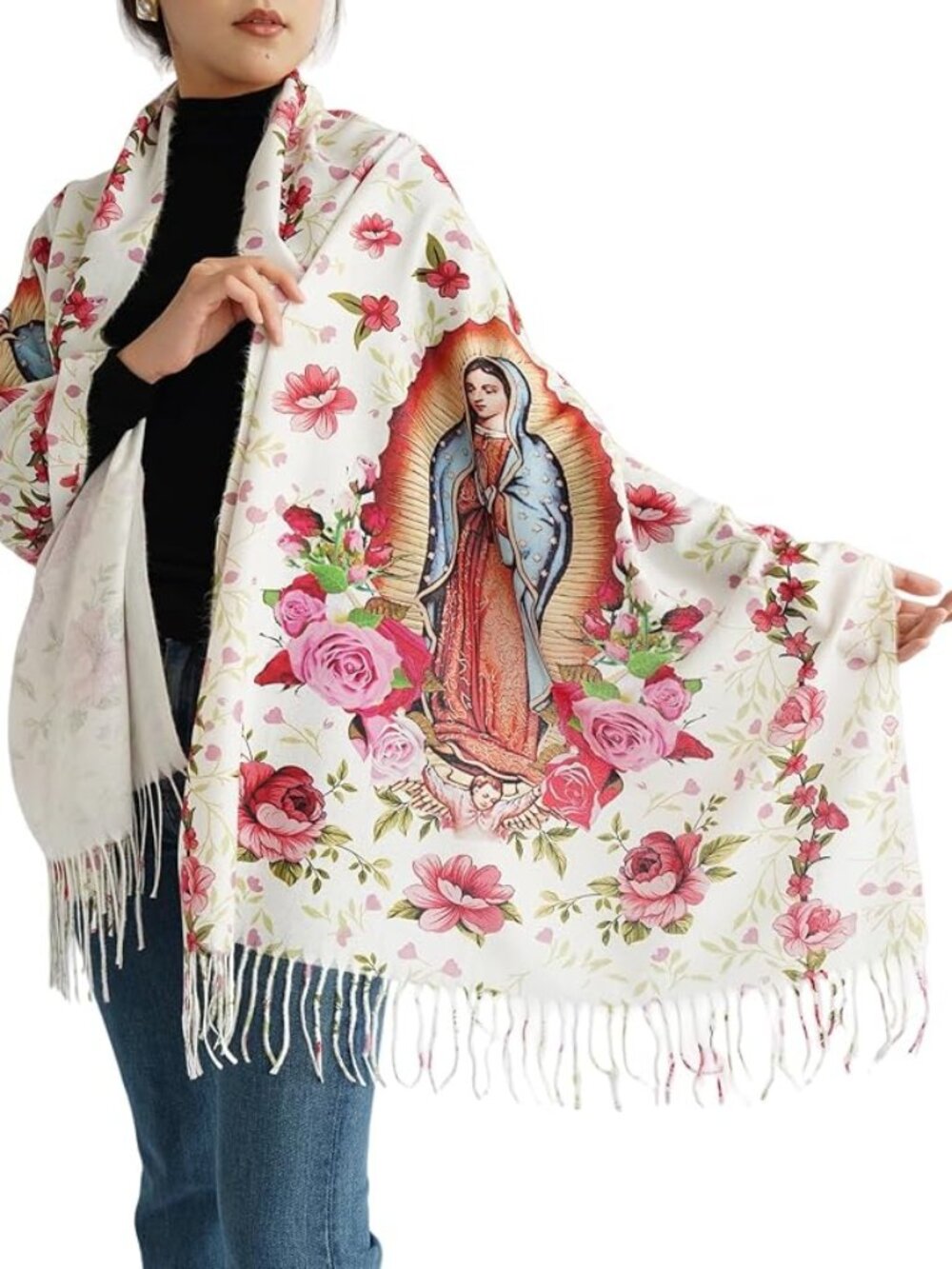 Virgen de Guadalupe Shawl – Virgin Mary Scarf Wrap with Rose